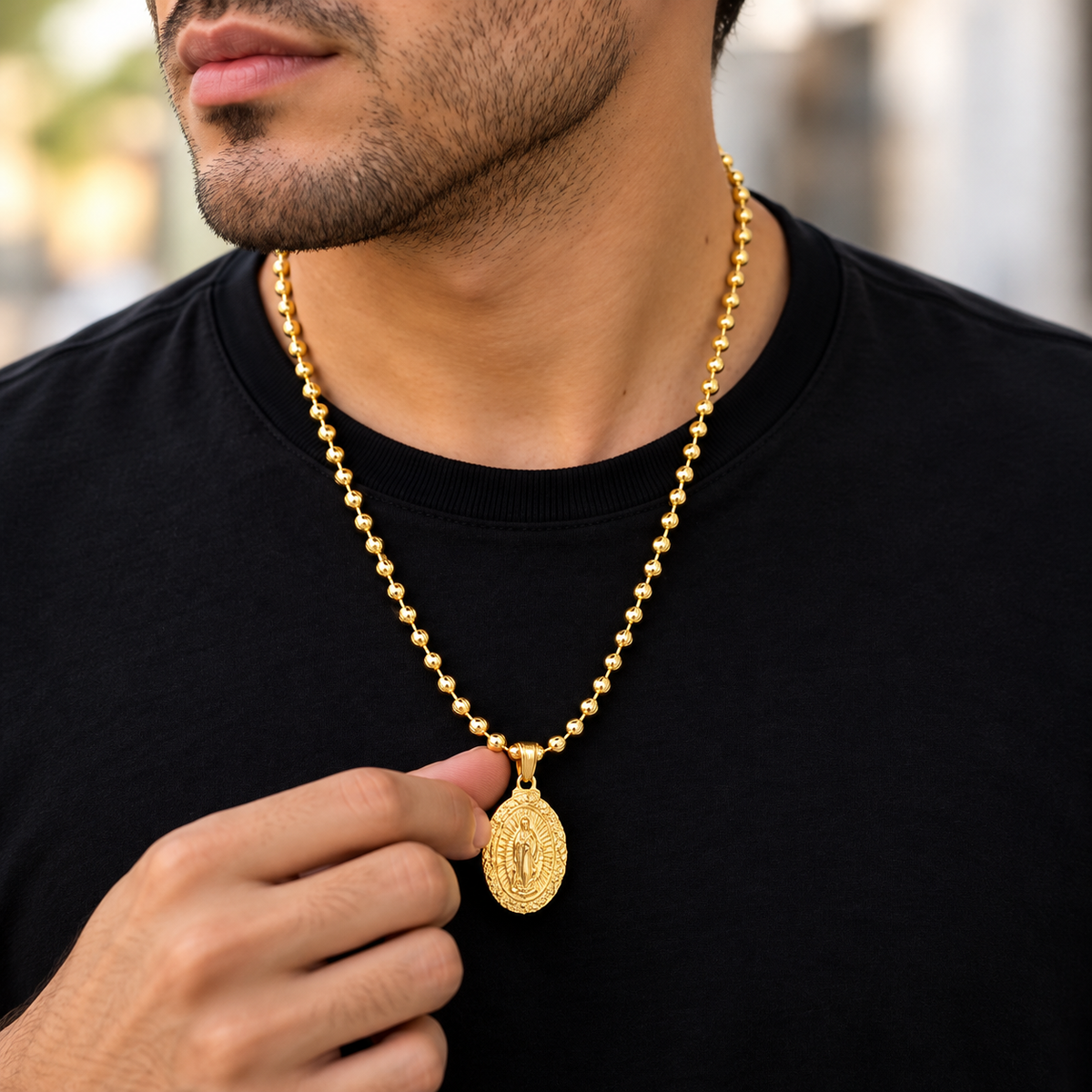 Cadena Militar Diamantada con Virgen de Guadalupe 60 cm