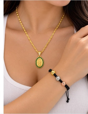 Set Virgen de Guadalupe Esmeralda: Cadena + Pulsera 3 Oros