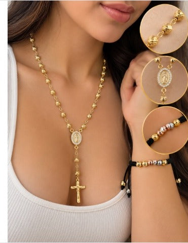 Set Rosario Diamantado + Pulsera 3 Oros